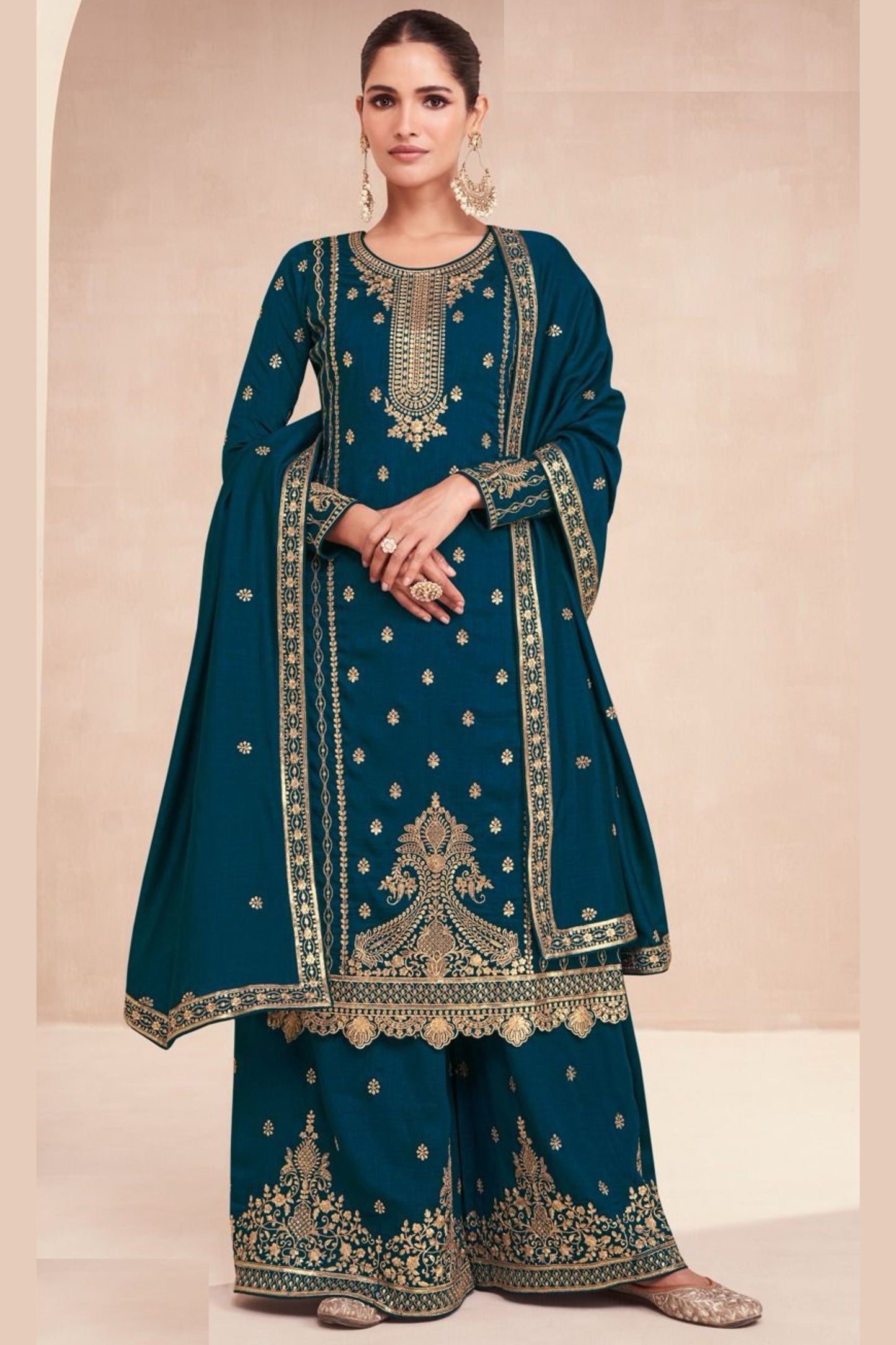 Teal Silk Kameez with Plazzo And Dupatta For Indian Suit Festivals & Pakistani Weddings - Embroidery Work