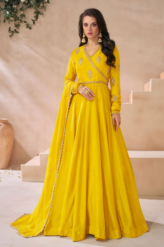 Yellow Silk Floor Full Length Flower Embroidered Anarkali Gown For Indian Festivals & Weddings - Embroidery Work
