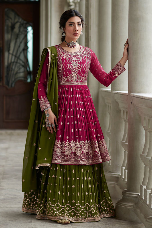 Pink Pakistani Georgette Kameez with Skirt For Indian Festivals & Weddings - Thread Embroidery Work,