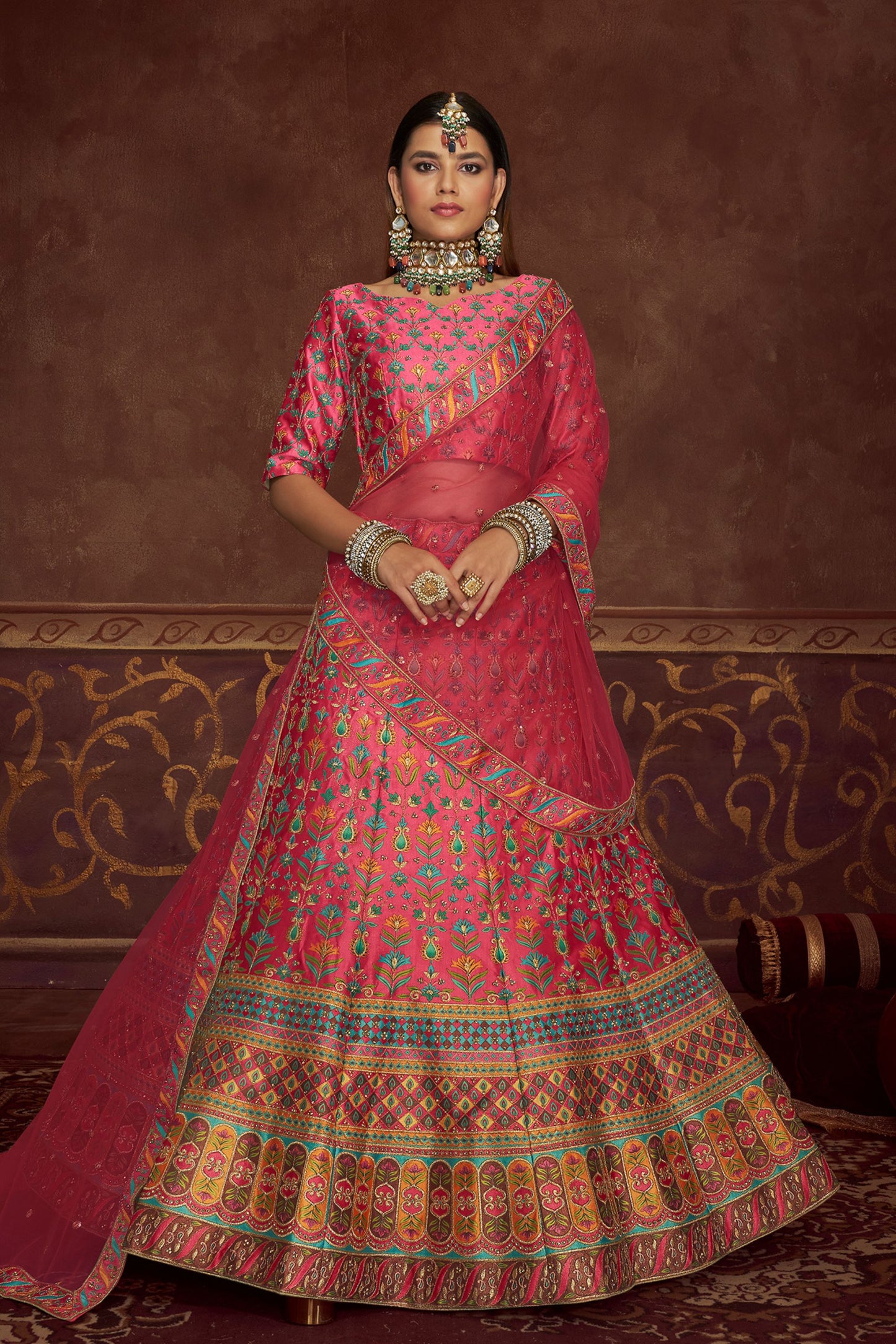 Pink Art Silk Lehenga Choli For Indian Weddings & Festivals - Thread Work, Print Work, Diamond Work