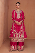 Red Chinon Silk Plazo Suits For Indian Festivals & Pakistani Weddings - Embroidery Work