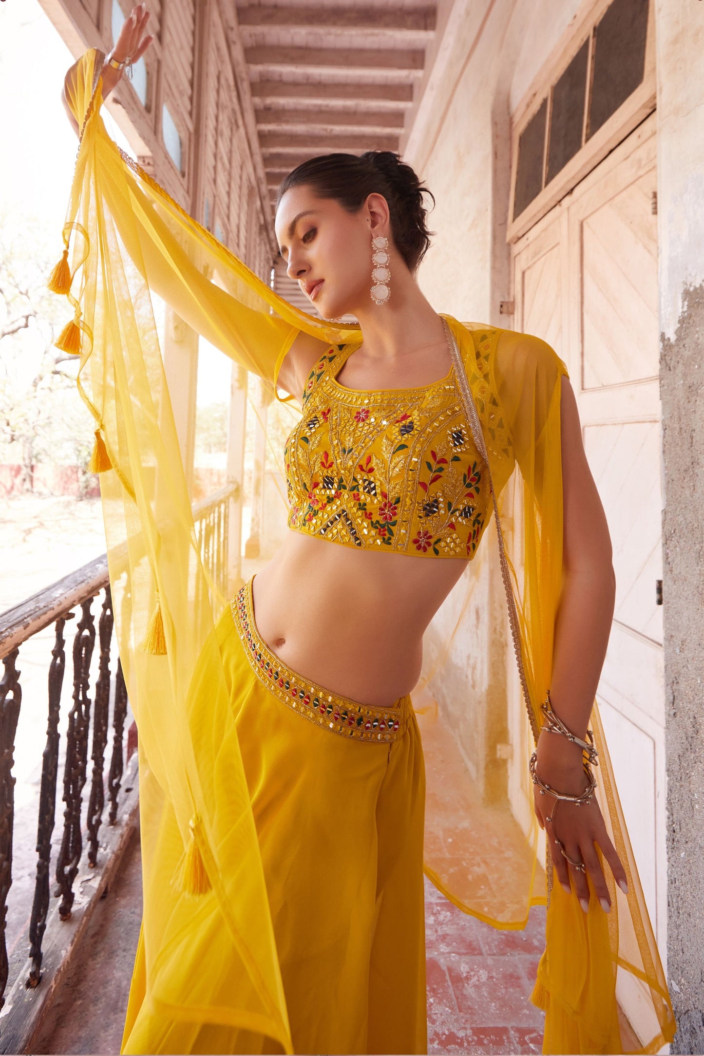 Yellow Georgette Sharara Choli For Indian Festivals & Weddings - Thread Embroidery Work, Hand Embellishment, Mirror Work