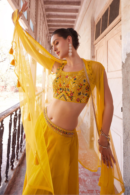 Yellow Georgette Sharara Choli For Indian Festivals & Weddings - Thread Embroidery Work, Hand Embellishment, Mirror Work