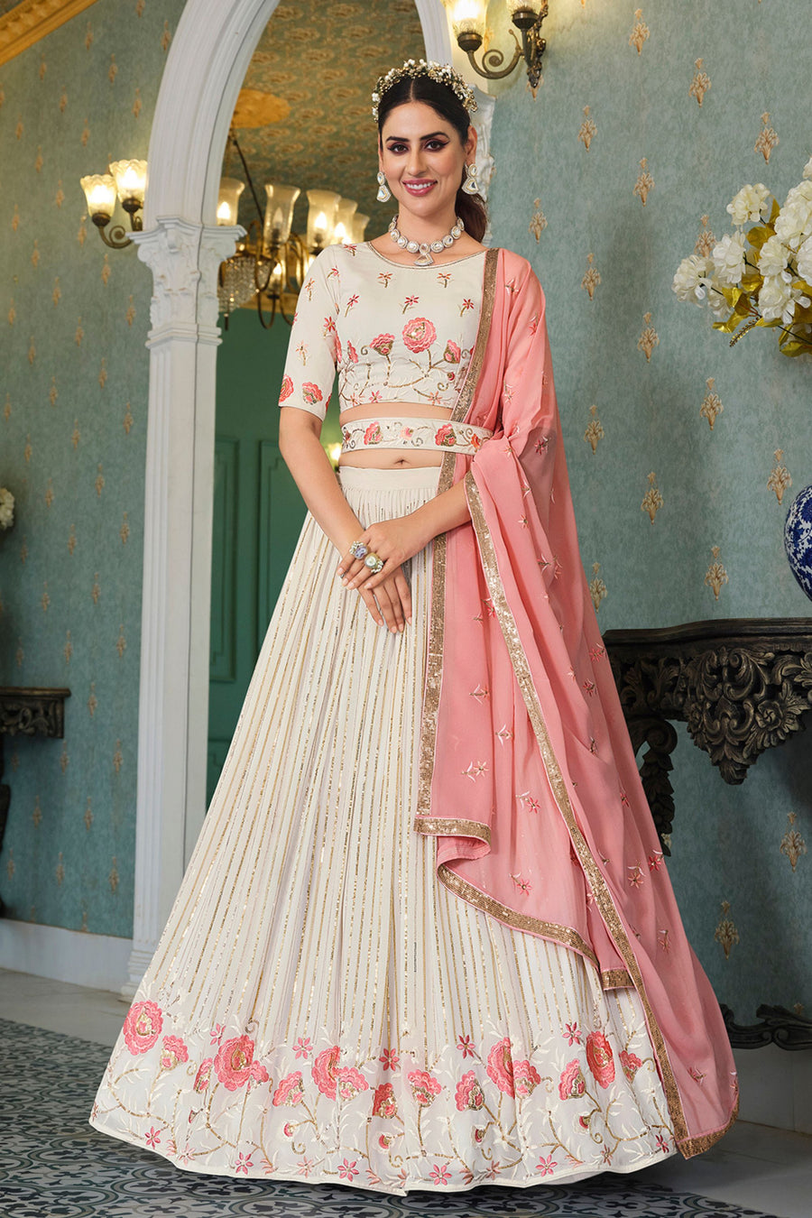 Purple Georgette Lehenga Choli Set For Indian Festivals & Weddings - Thread & Sequence Embroidery Work,