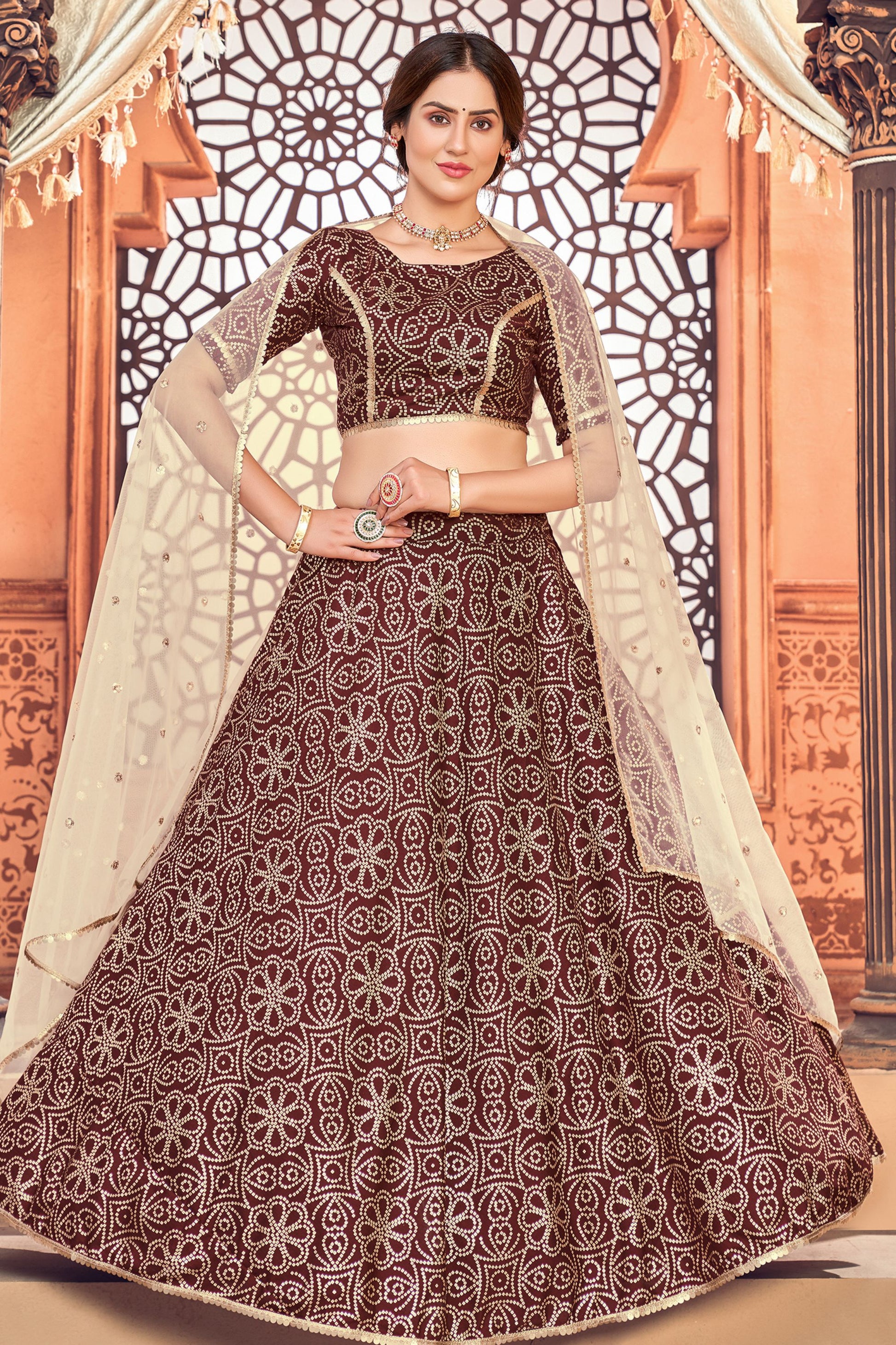 Brown Pakistani Tafetta Lehenga Choli For Indian Festivals & Weddings - Print Work, Sequence Embroidery Work, Foil Mirror Work,