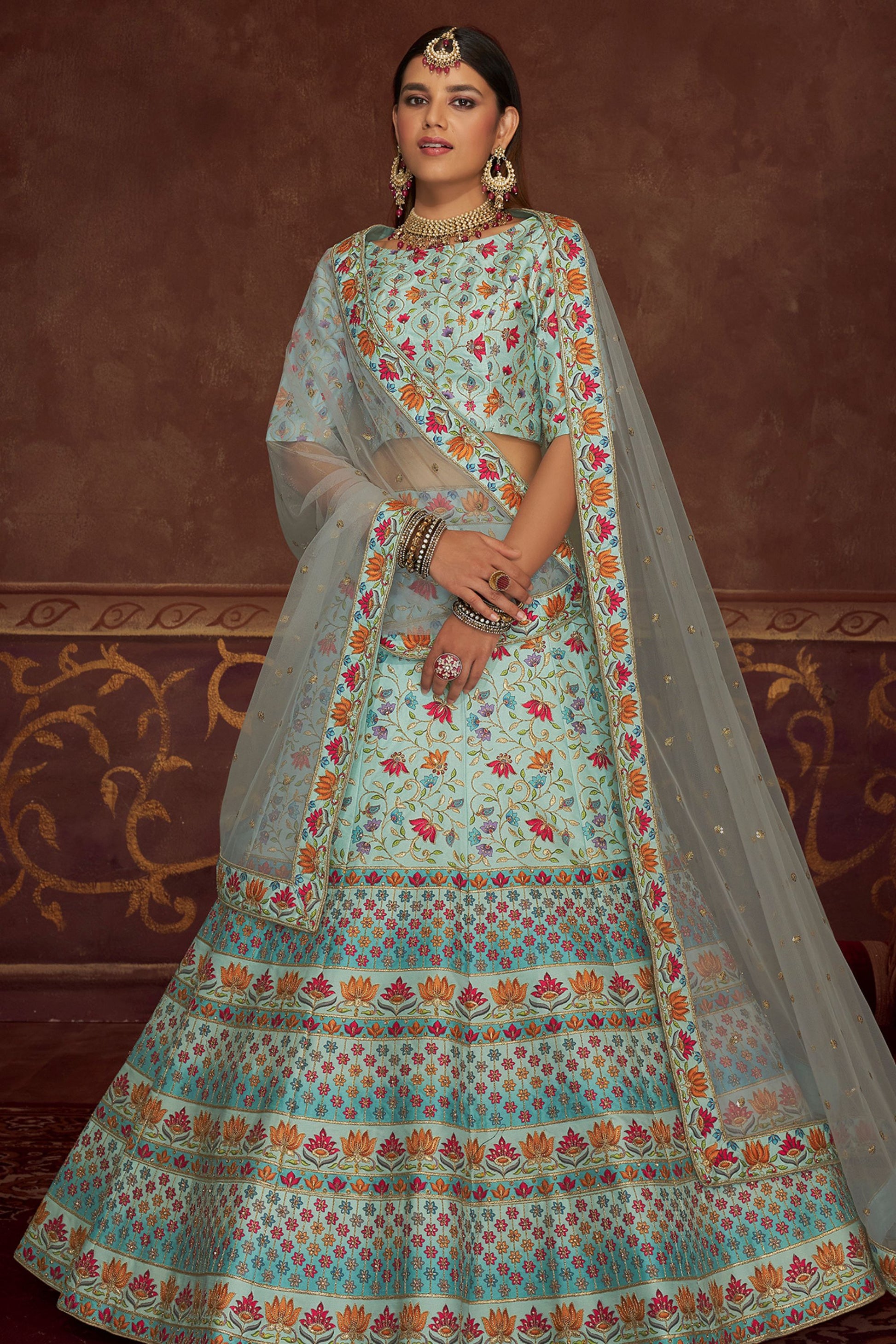 Sky Blue Art Silk Lehenga Choli For Indian Weddings & Festivals - Thread Work, Print Work, Diamond Work