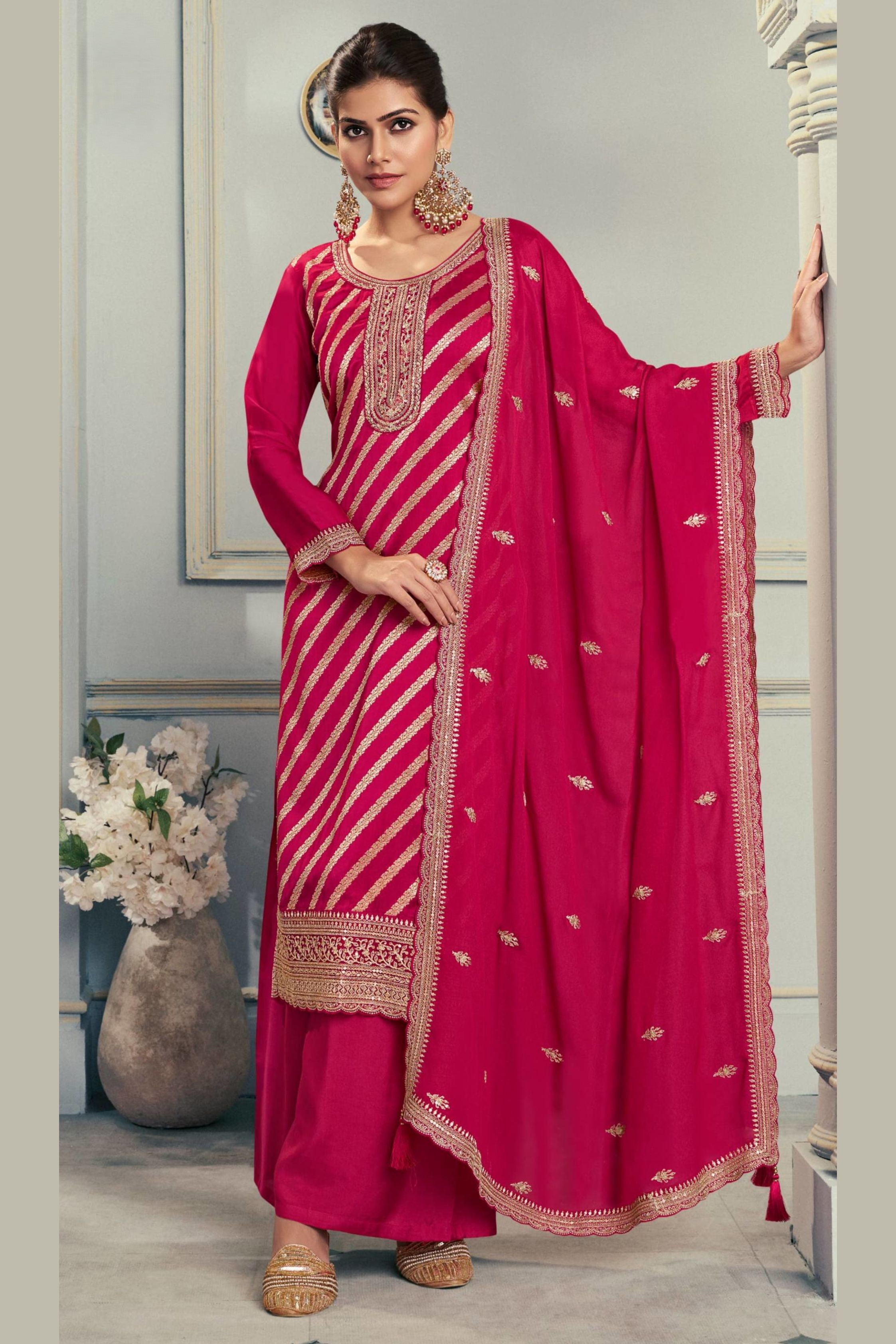 Red Jacquard Silk Plazo Suit For Indian & Pakistani Wedding Festival - Embroidery Work