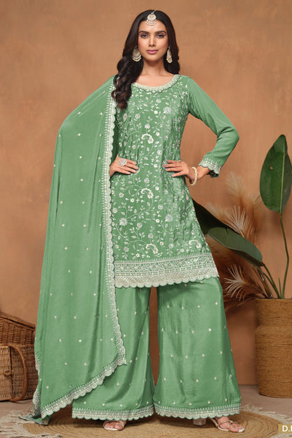 Green Chinon Silk Palazzo Suit For Indian Festivals & Weddings - Embroidery Work