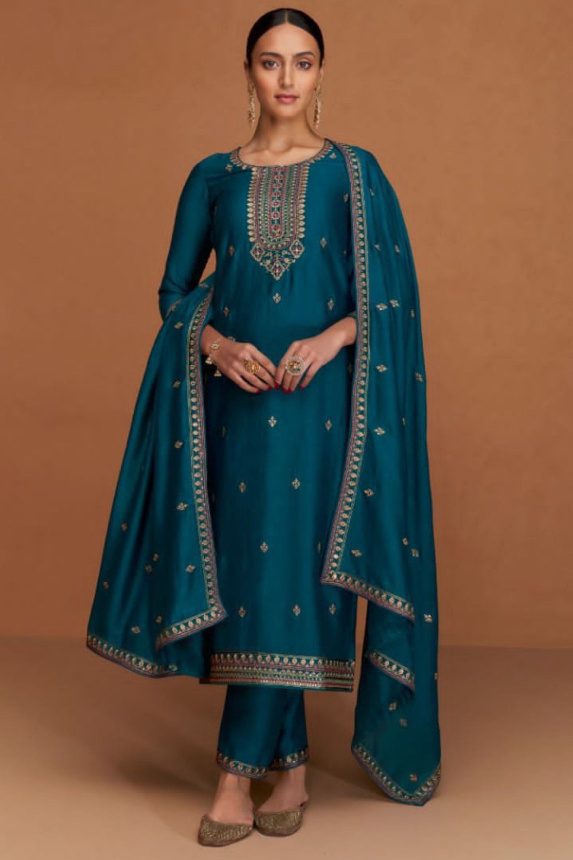 Teal Silk Kameez with Pant For Indian Suit Festivals & Pakistani Weddings - Embroidery Work