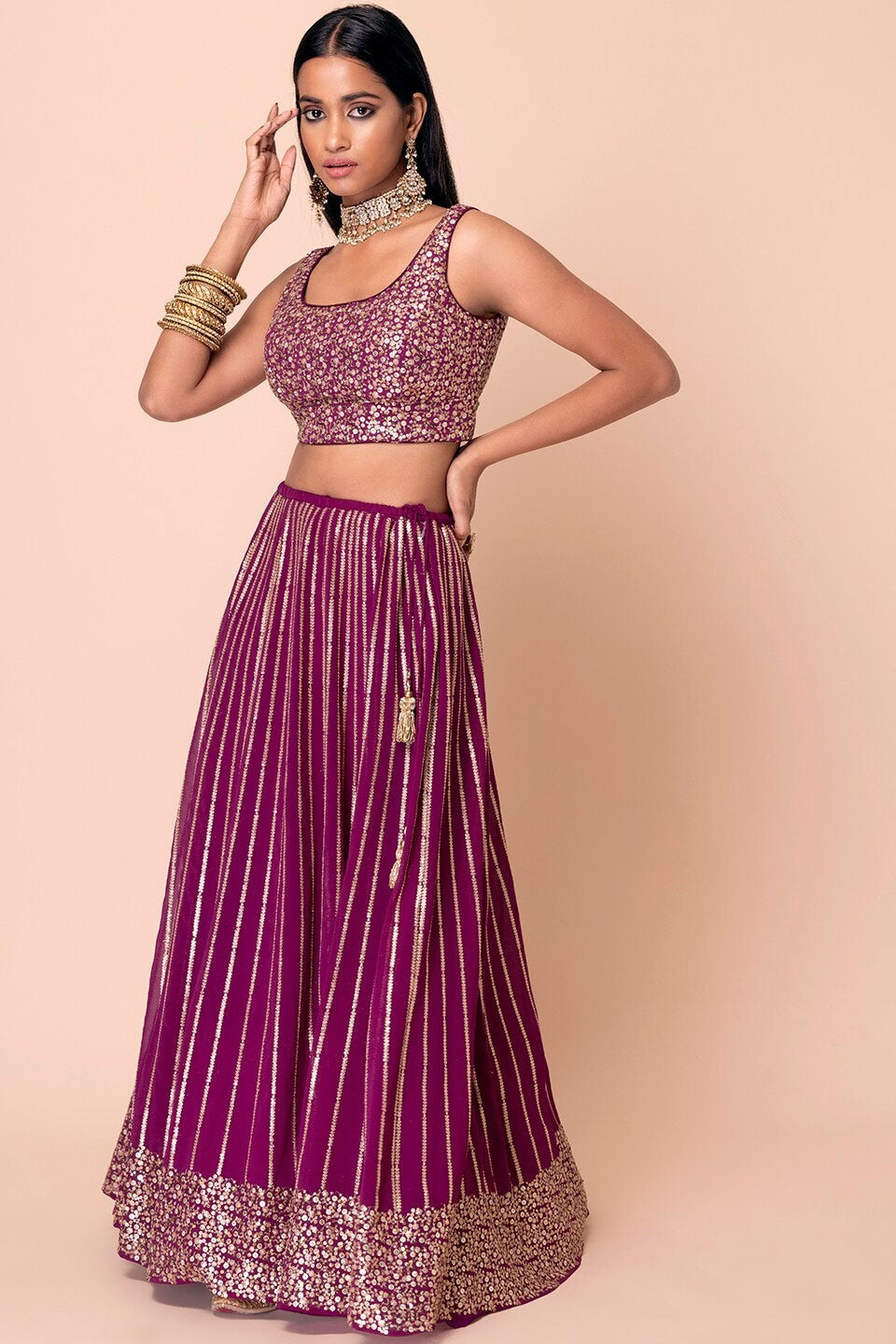 Wine Georgette Lehenga Choli For Indian Festivals & Pakistani Weddings Dress - Sequence Embroidery Work, Zari Work