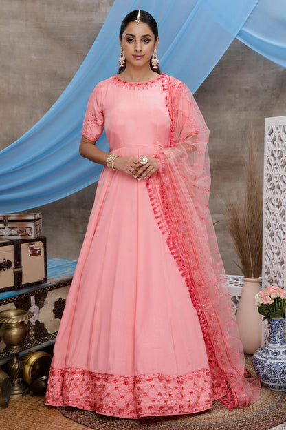 Pink Pakistani Silk Anarkali Gown For Indian Festivals & Weddings - Thread Embroidery Work,