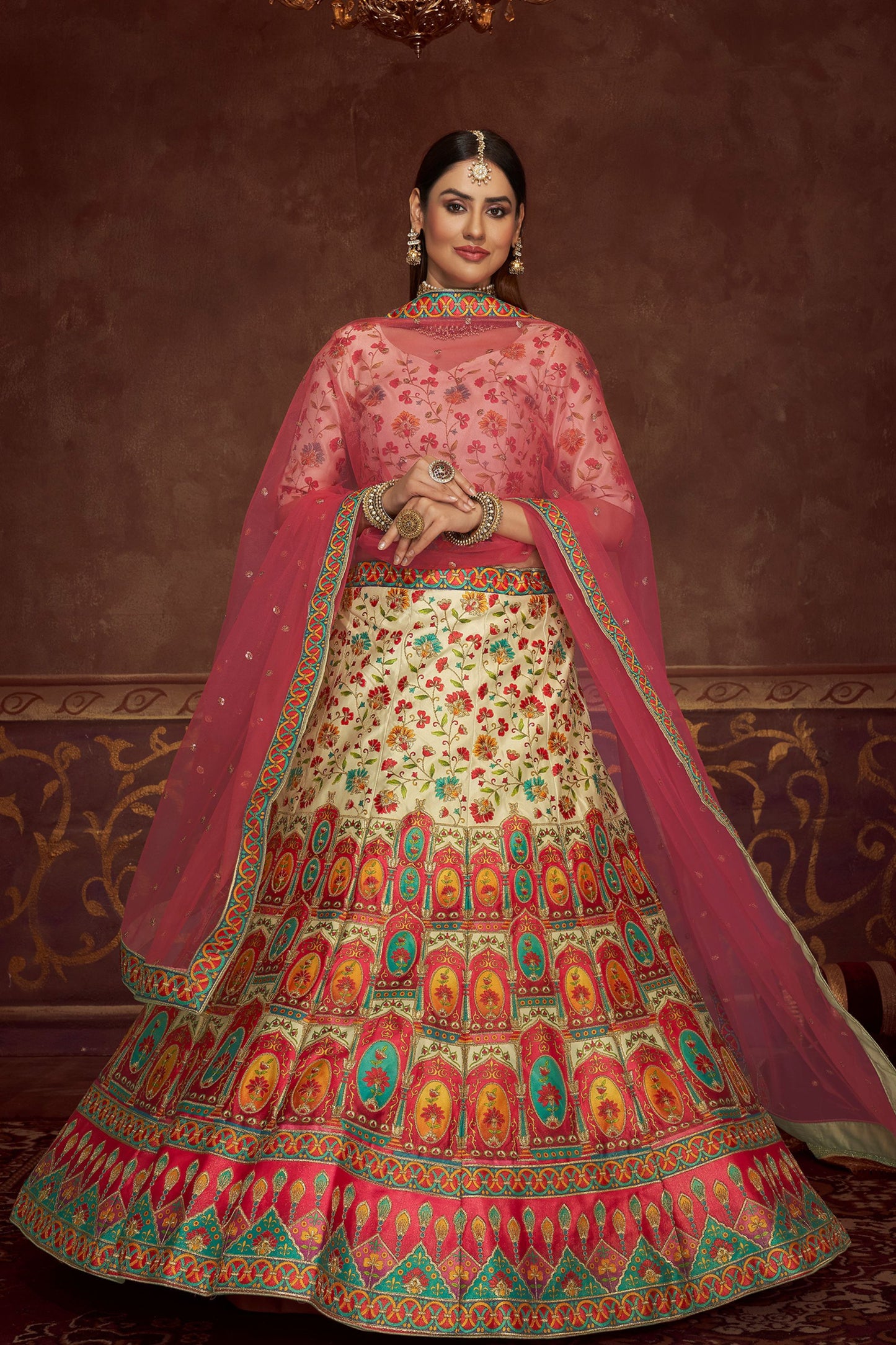 Beige Art Silk Lehenga Choli For Indian Weddings & Festivals - Thread Work, Print Work