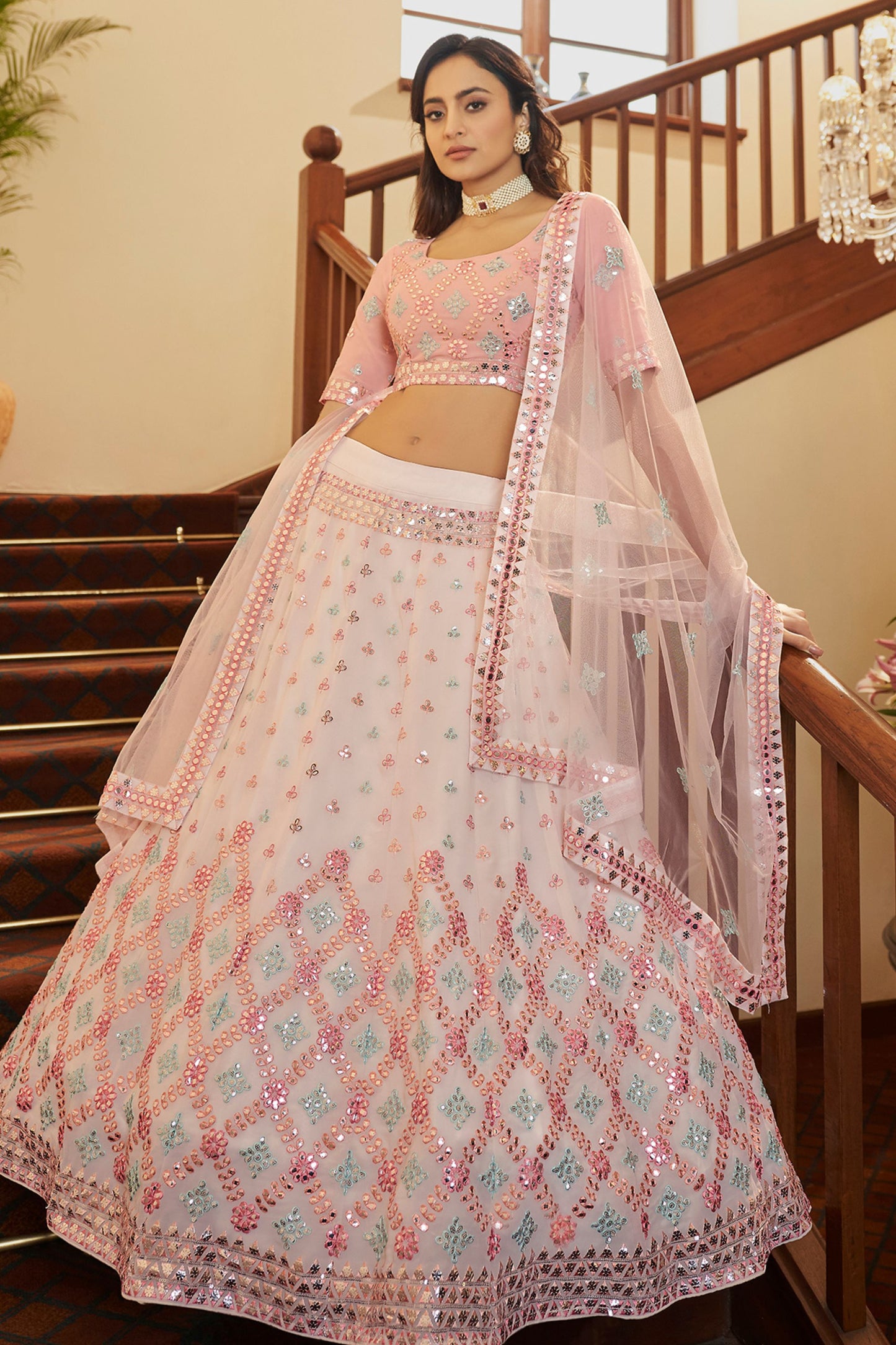 Pink Pakistani Georgette Lehenga Choli For Indian Festivals & Weddings - Sequence Embroidery Work, Thread Embroidery Work,