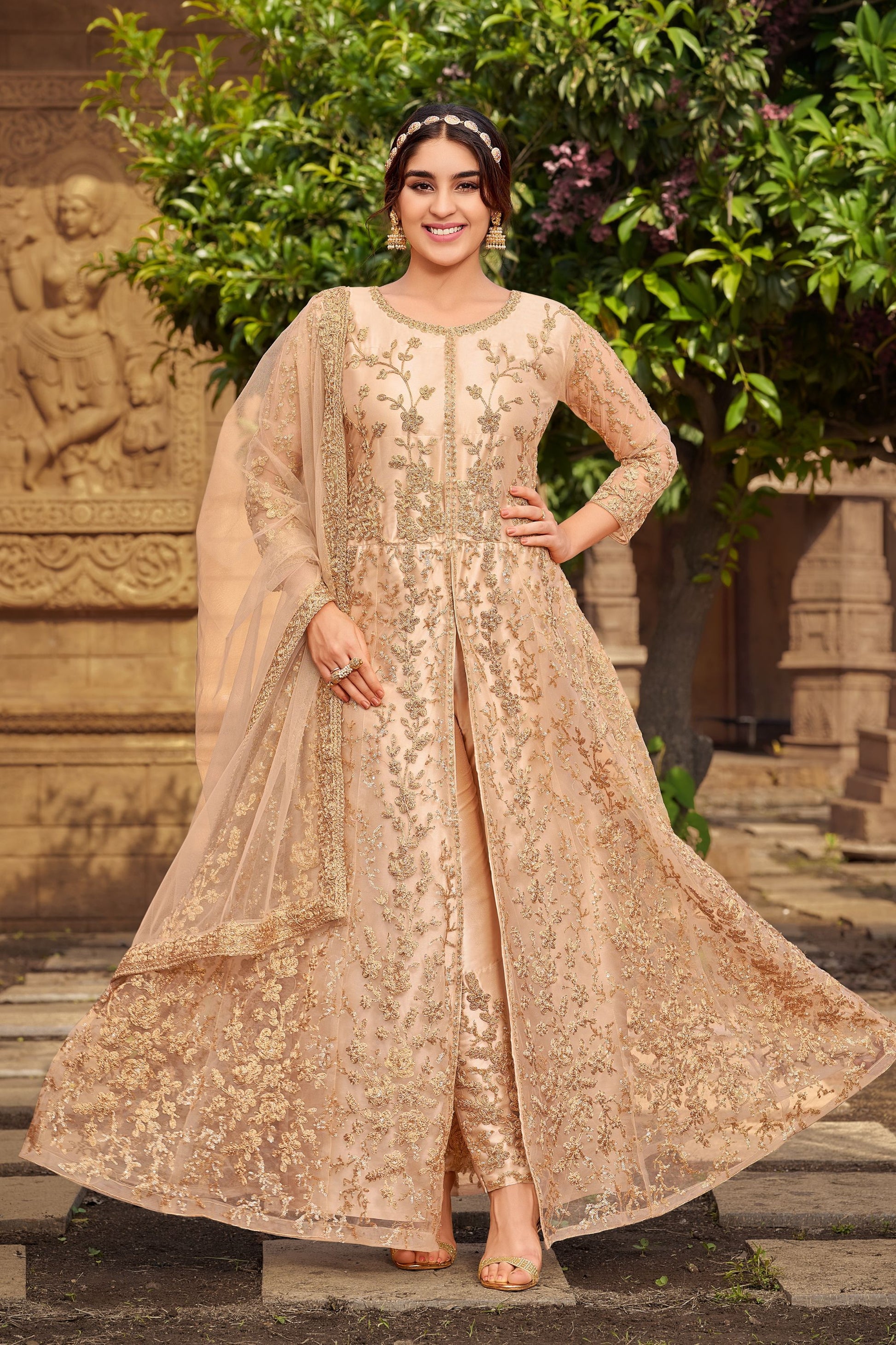 Brown Pakistani Net Anarkali Gown For Indian Festivals & Weddings - Thread Embroidery Work