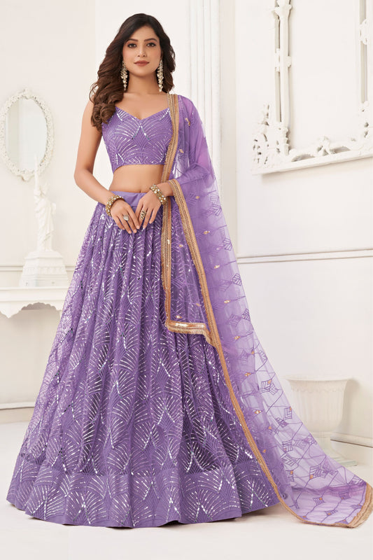 Purple Net Embroidered Lehenga Choli For Indian Festival & Weddings - Embroidery Work