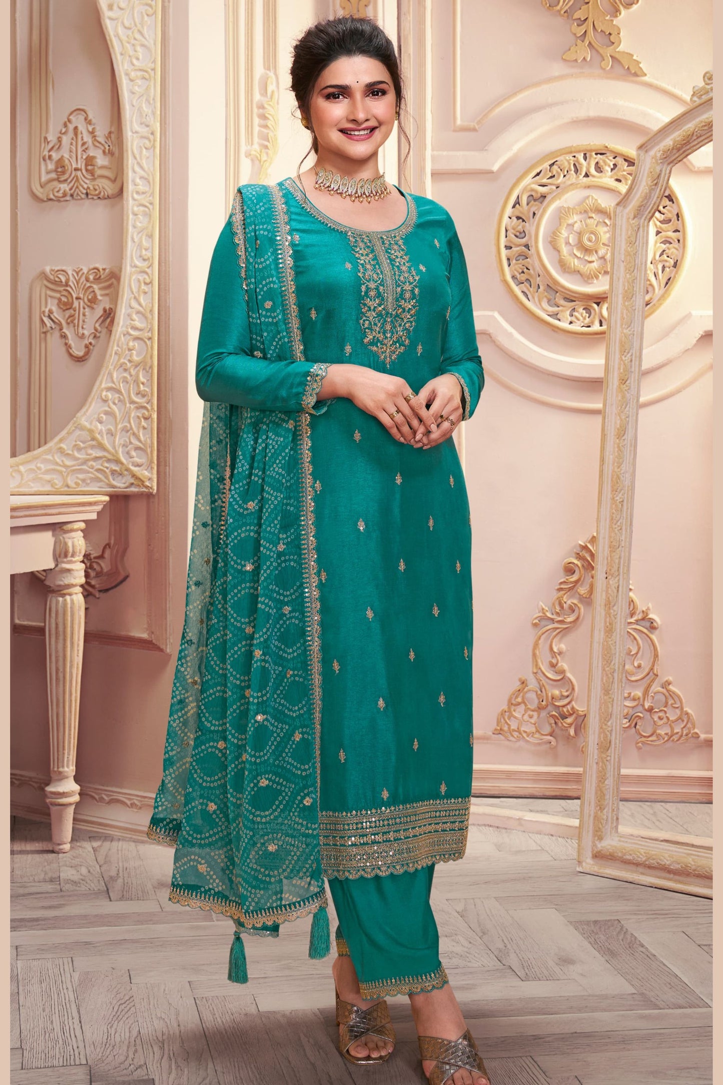 Teal Georgette Silk Kameez with Pant For Indian Suit Festivals & Pakistani Weddings - Embroidery Work