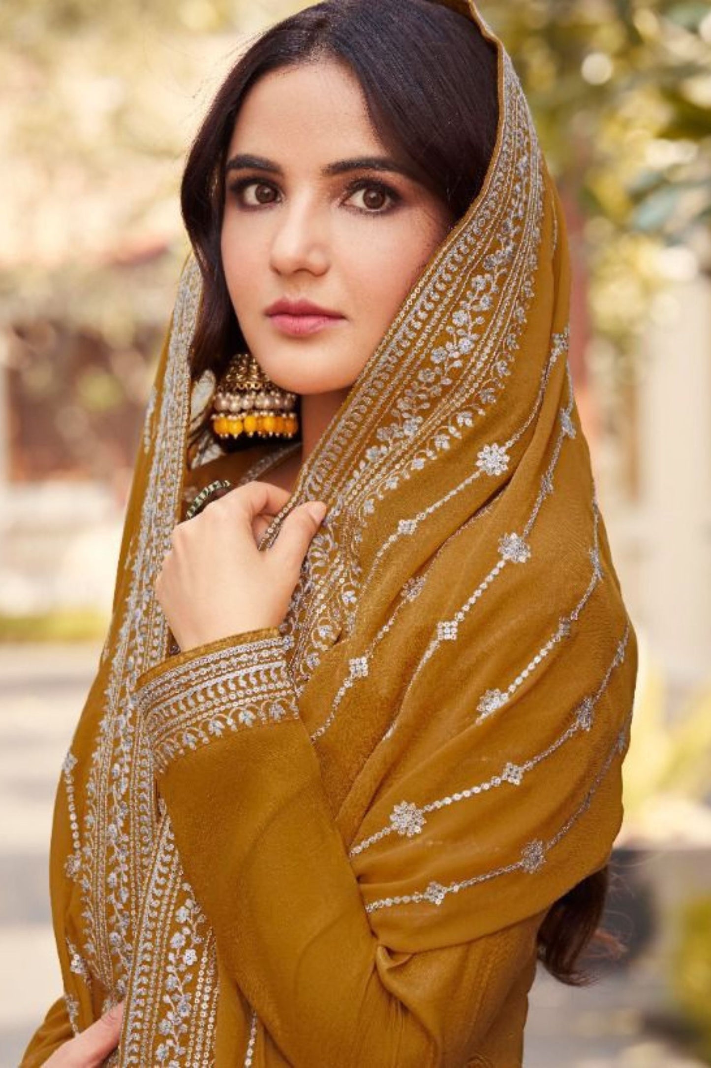 Dark Yellow Dola Silk Kameez With Plazzo For Indian Suit Festivals & Pakistani Weddings Dress - Embroidery Work