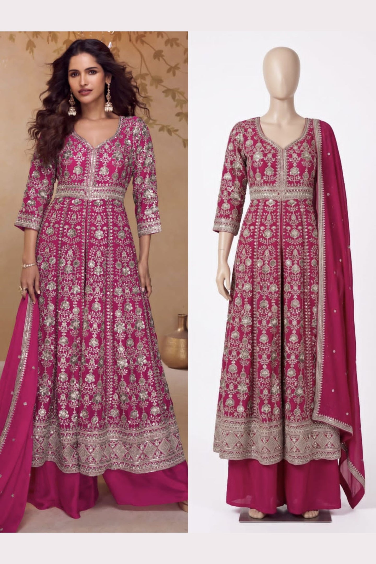 Pink India Wedding Gowns Chinon Silk Anarkali Suit with Palazzo