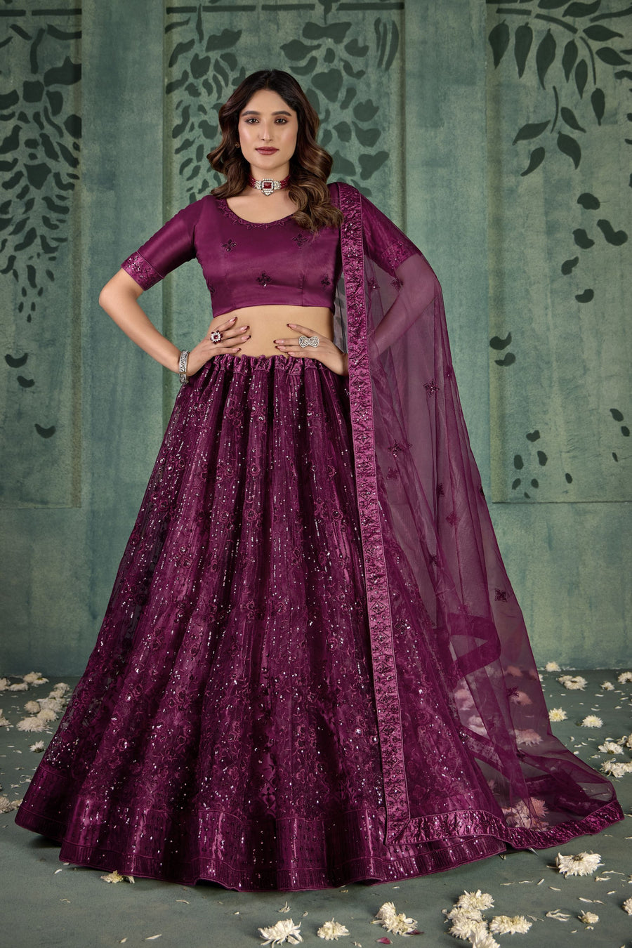 Dark Purple Net Lehenga Choli For Indian Festivals & Pakistani Weddings Dress - Thread Embroidery Work, Sequence Embroidery Work