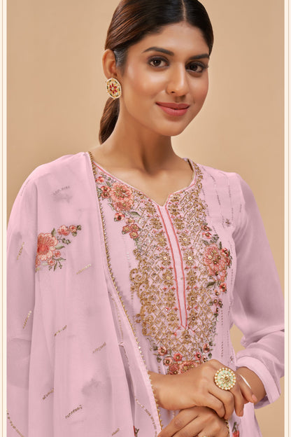 Light Pink Georgette Plus Size Salwar Kameez Upto 7XL - 54 size For Indian Festivals & Weddings - Sequence Embroidery Work, Thread Embroidery Work, Khatli Work, Zari Work