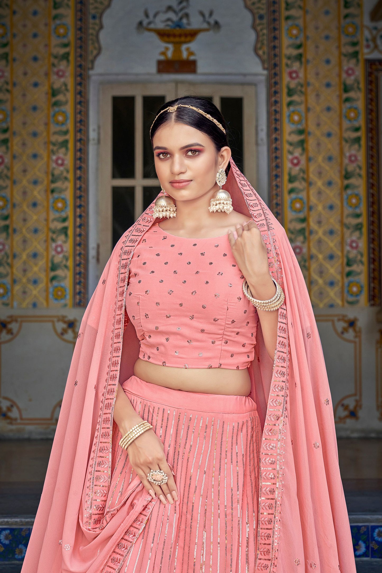 Pink Georgette Lehenga Choli Set For Indian Festivals & Weddings - Thread Work & Sequence Embroidery Work