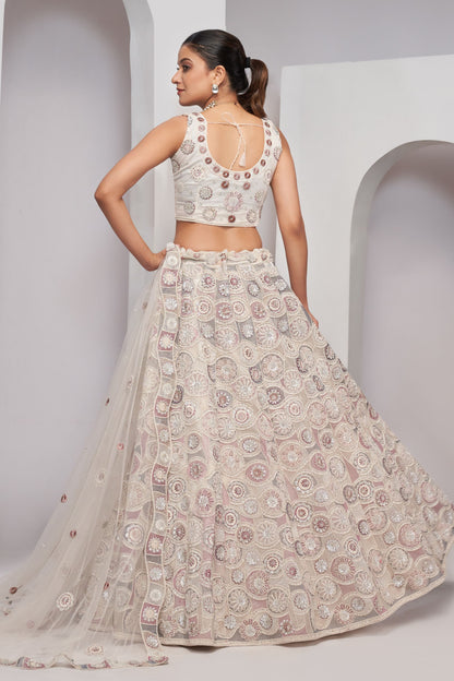 White Soft Net Lehenga Choli For Indian Festivals & Weddings - Sequins Work, Dori Work, Zarkan Work, Thread Work