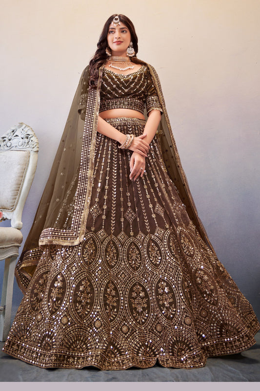Coffee Georgette Lehenga Choli For Indian Festivals & Weddings - Sequence Embroidery Work,