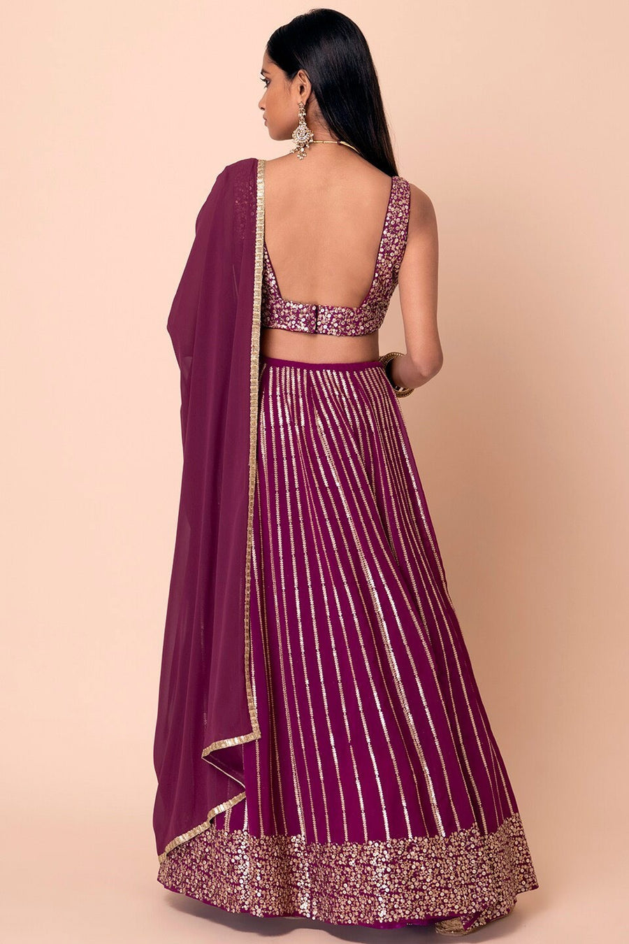 Wine Georgette Lehenga Choli For Indian Festivals & Pakistani Weddings Dress - Sequence Embroidery Work, Zari Work