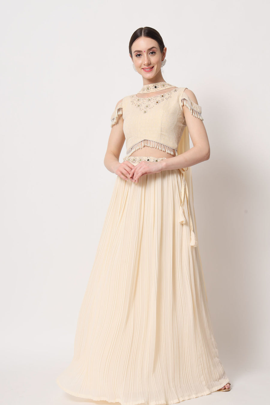 Beige Georgette Lehengas Choli For Indian Festivals & Weddings - Sequence Embroidery Work, Thread Work, Mirror Work