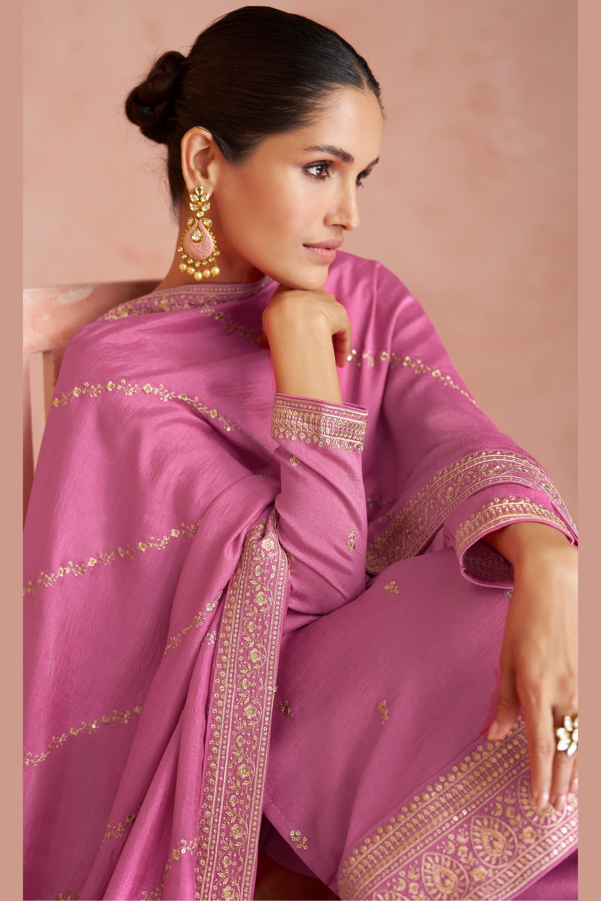 Pink Premium Silk Kameez With Plazzo For Indian Suit Festivals & Pakistani Weddings - Embroidery Work