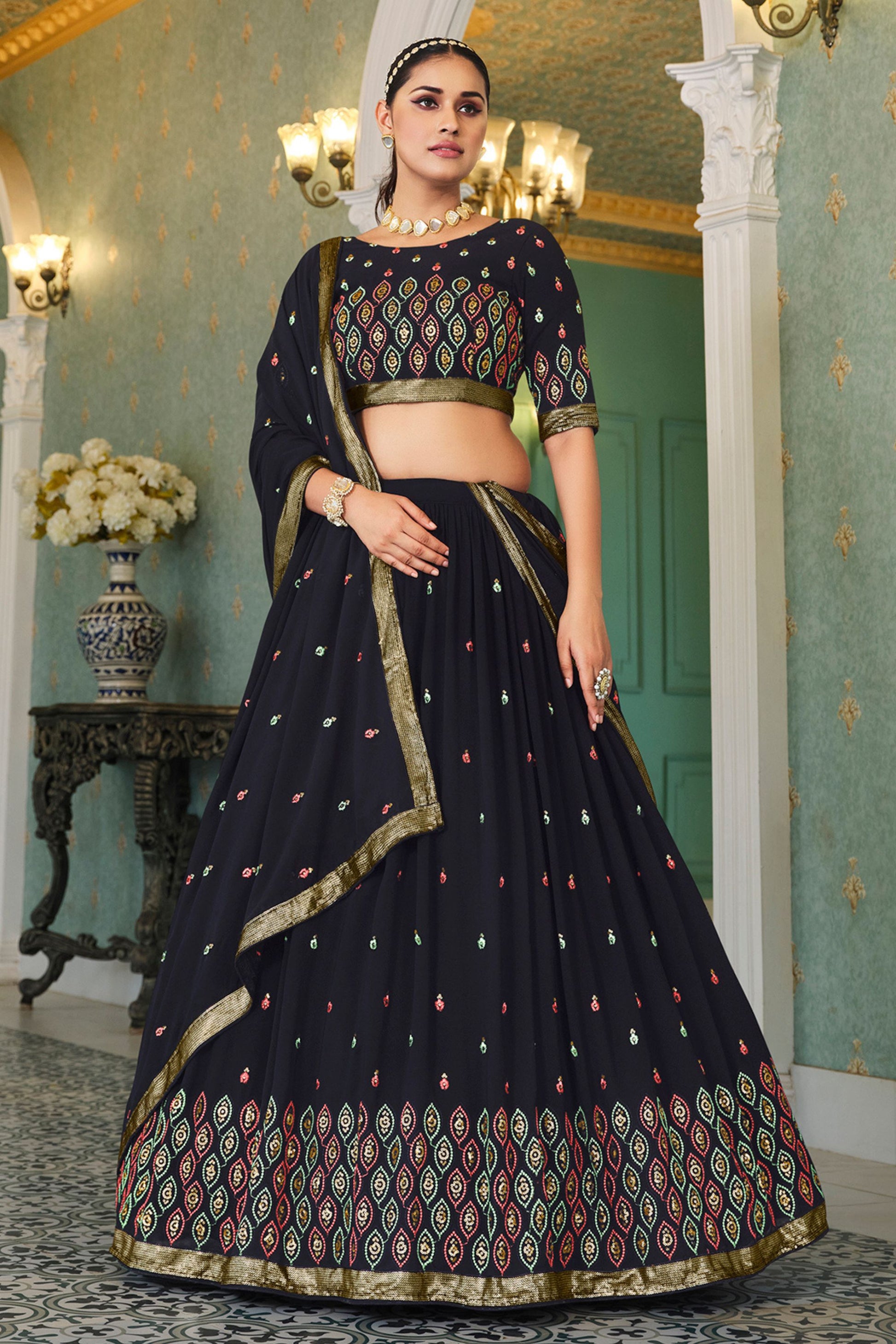 Navy Blue Georgette Lehenga Choli Set For Indian Festivals & Weddings - Thread & Sequence Embroidery Work,