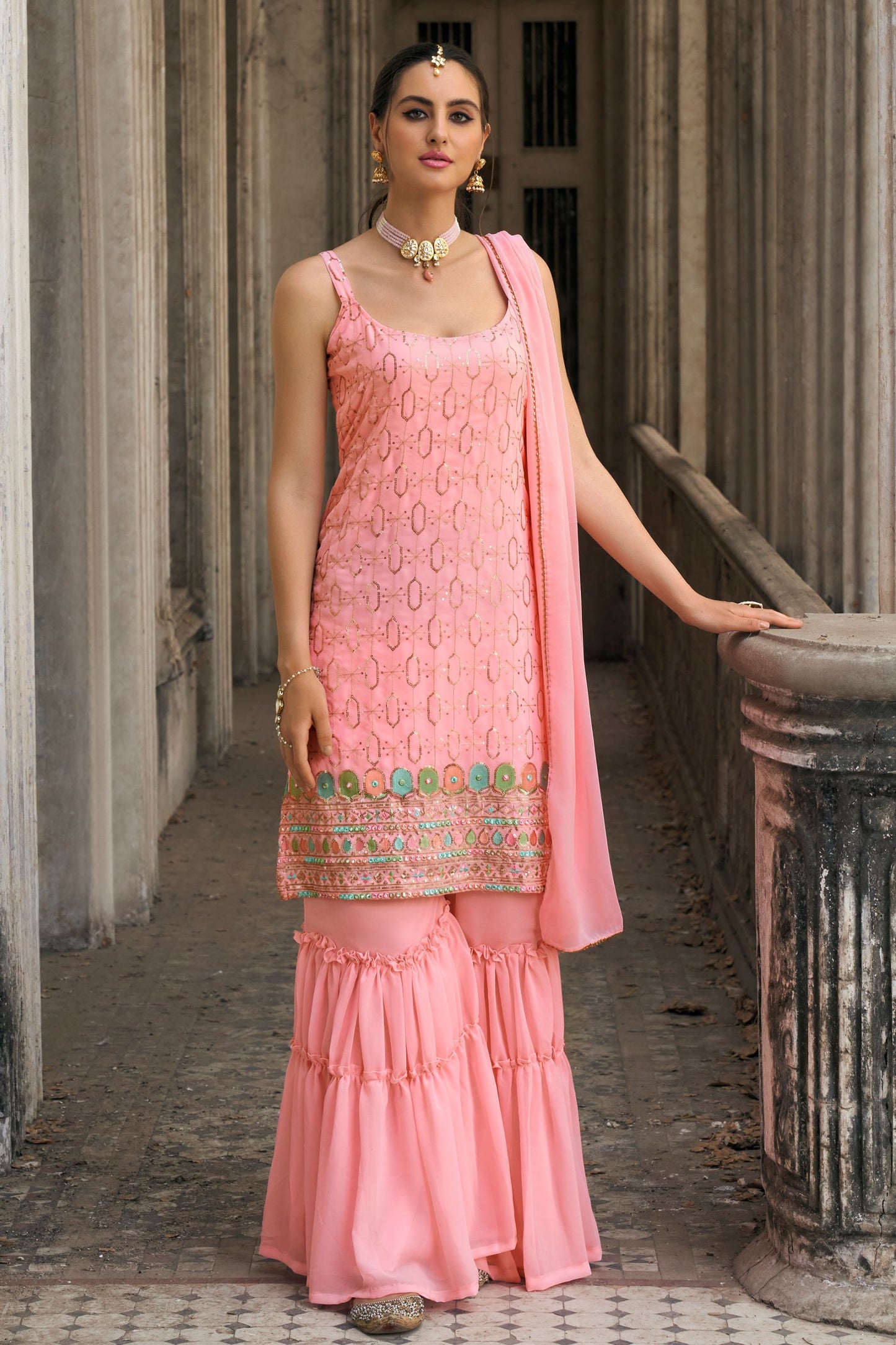 Baby Pink Georgette Sharara Suits for Pakistani Festival & Indian Wedding - Thread & Sequence Embroidery Work