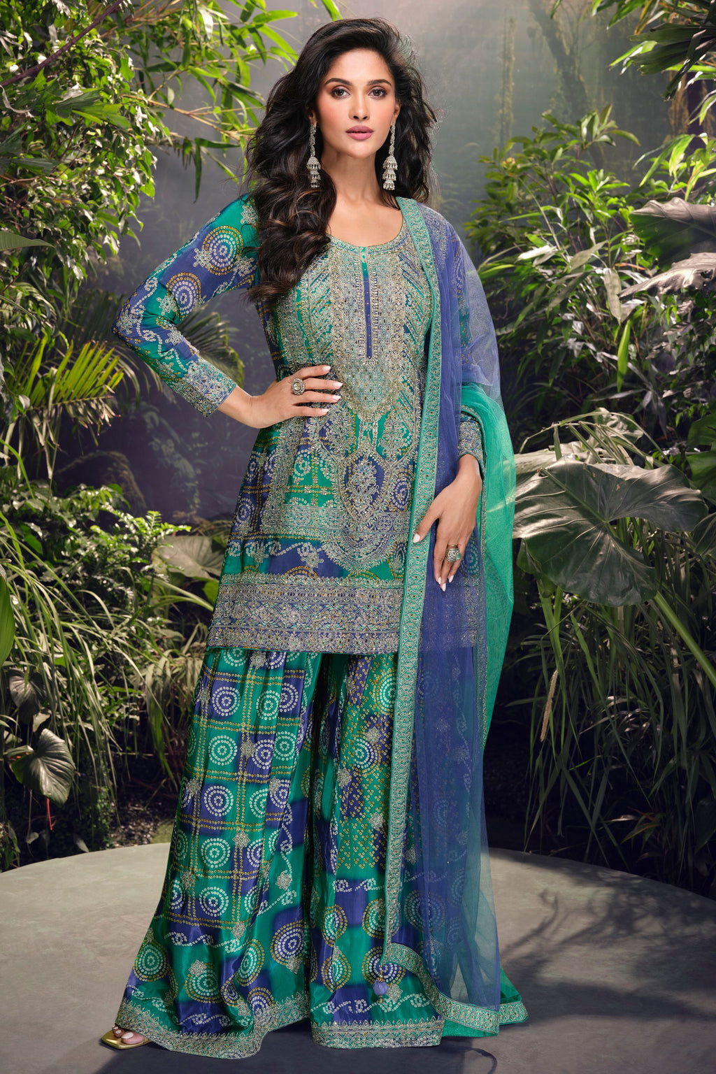 Green Chinon Silk Plazo Suits for Indian Festival & Pakistani Wedding - Embroidery Work