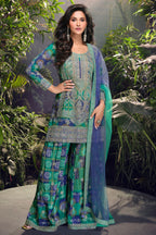Green Chinon Silk Plazo Suits for Indian Festival & Pakistani Wedding - Embroidery Work