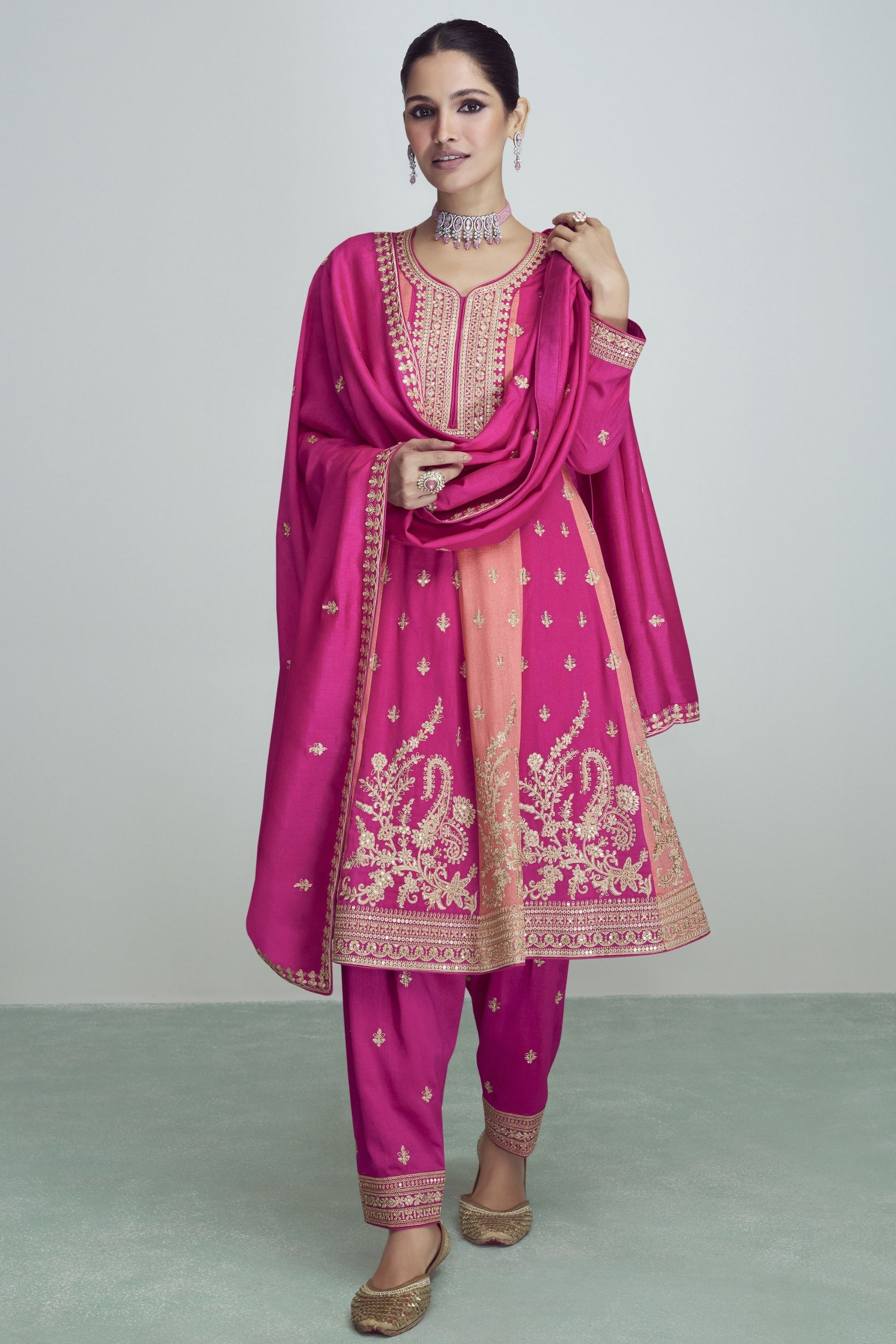 Pink Chinon Silk Kameez with Pant For Indian Festivals & Weddings - Thread Embroidery Work