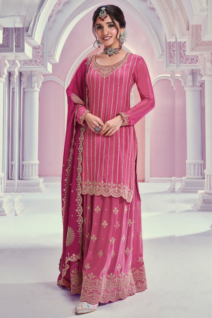 Pink Chinon Silk Plazo Suit For Indian & Pakistani Wedding Festival - Thread & Sequence Embroidery Work