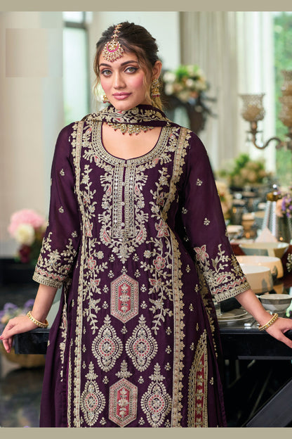 Dark Purple Chinon Silk Kameez with Plazo For Indian Festivals & Weddings - Embroidery Work