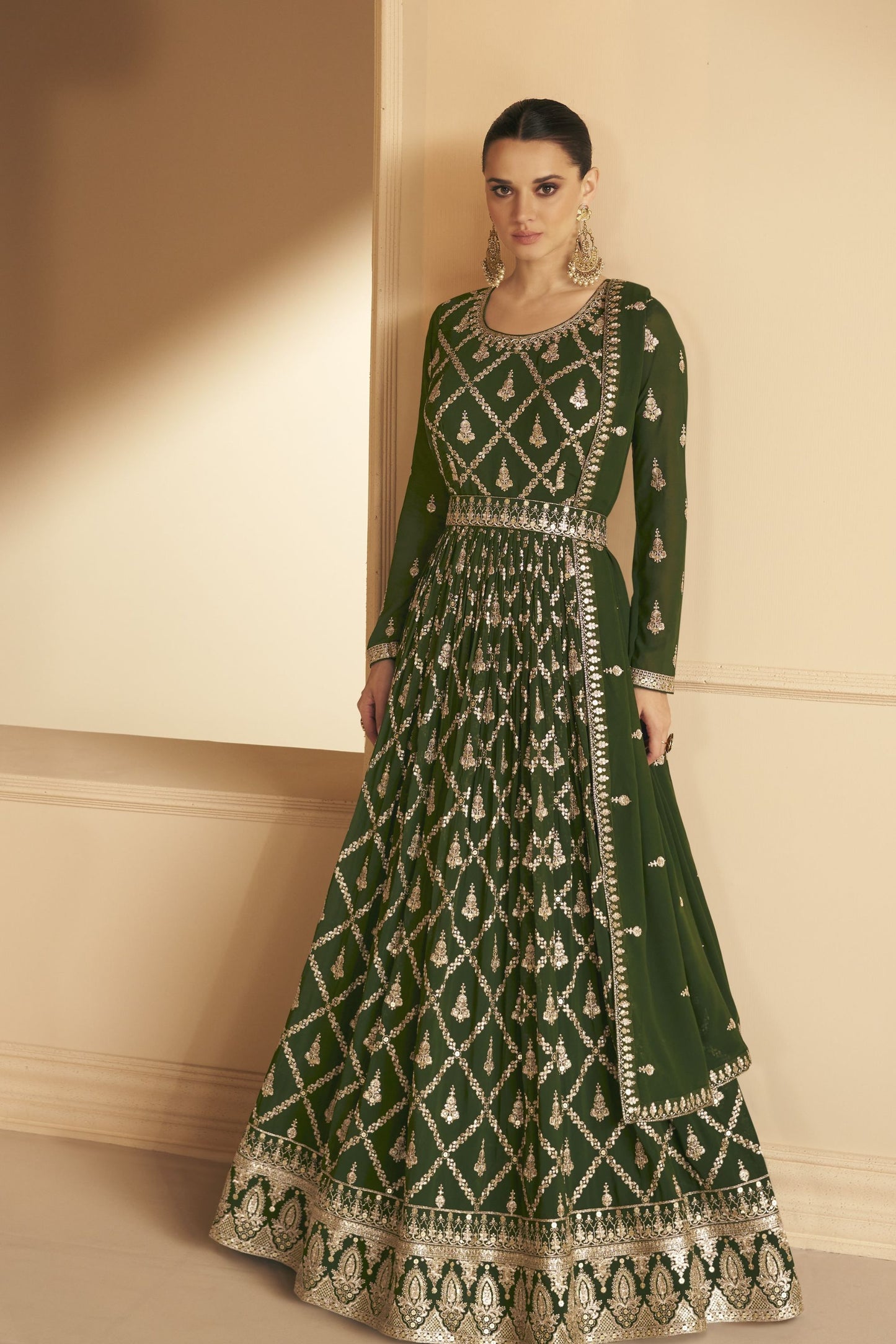 Green Pakistani Georgette Anarkali Gown For Indian Festivals & Weddings - Thread Embroidery Work,