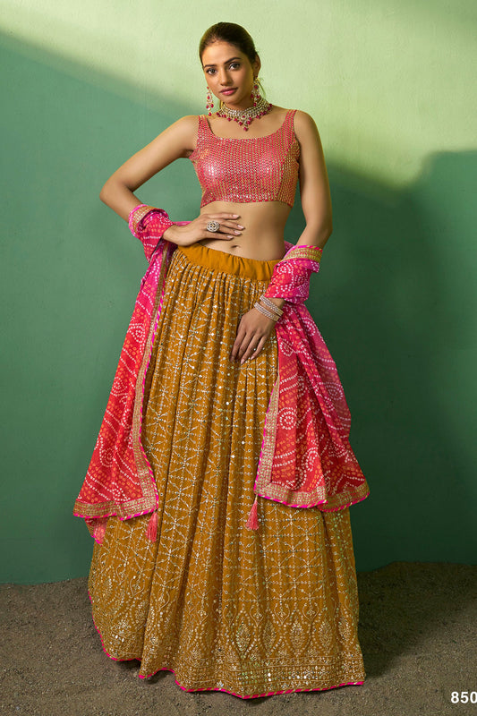 Mustard Pakistani Georgette Lehenga Choli For Indian Festivals & Weddings - Sequence Embroidery Work, Thread Embroidery Work,