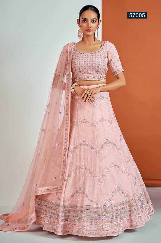 Peach Pakistani Georgette Lehenga Choli For Indian Festivals & Weddings - Sequence Embroidery Work, Thread Embroidery Work, Zari Work