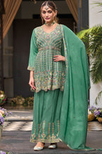 Green Chinon Silk Kameez with Plazo For Indian Festivals & Weddings - Embroidery Work