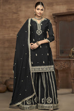 Black Chinon Silk Palazzo Suit For Indian Wedding & Pakistani Festival - Embroidery Work