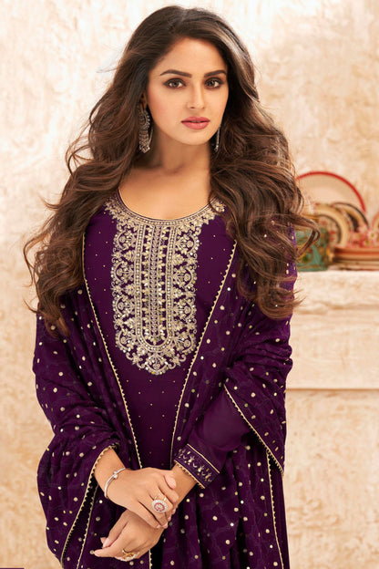 Dark Purple Georgette Kameez with Pant For Indian Suit Festivals & Weddings - Embroidery Work