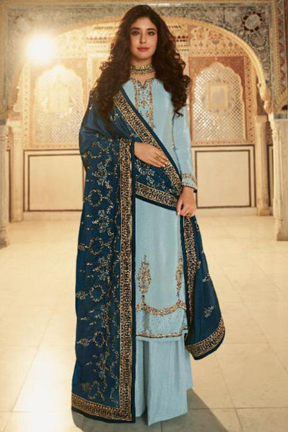 Light Blue Satin Kameez with Plazzo Suit For Indian Festivals & Pakistani Weddings - Thread Embroidery Work, Sequence Embroidery Work