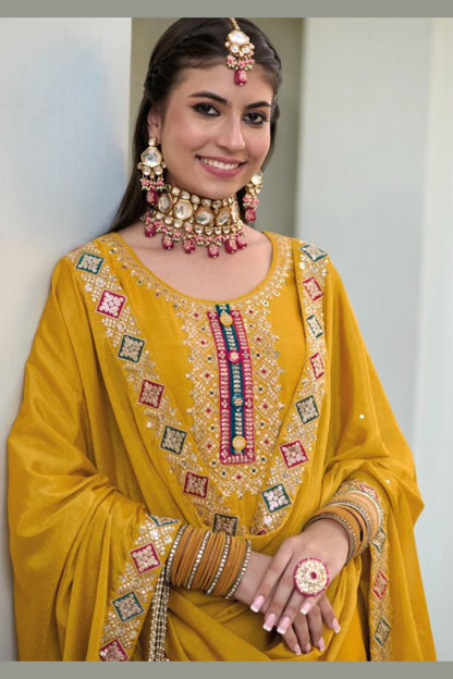 Yellow Chinon Silk Kameez with Plazzo For Indian Suit Festivals & Pakistani Weddings - Embroidery Work