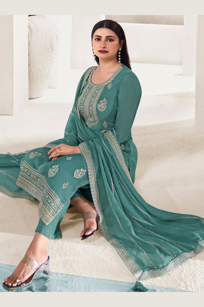 Teal Organza Kameez with Pant For Indian Suit Festivals & Weddings - Thread Embroidery Work