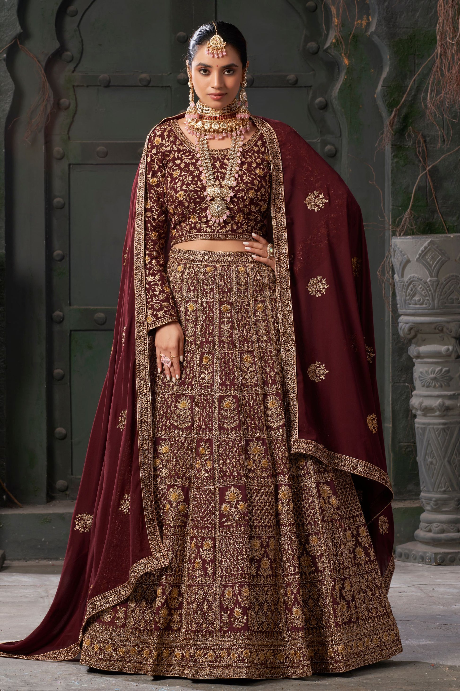 Brown Georgette Embroidered Lehenga Choli For Indian Festival & Pakistani Wedding - Embroidery Work, Zarkan Work, Codding Work