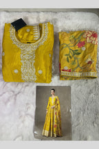 Yellow Chinon Silk Anarkali Suit For Indian & Pakistani Wedding Festival - Thread & Sequence Embroidery Work, Print Work