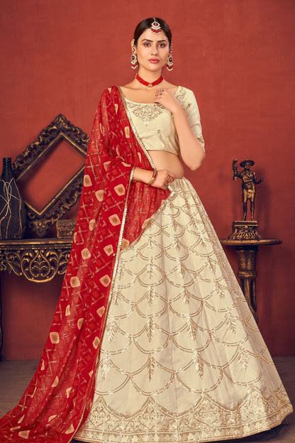 Beige Pakistani Art Silk Lehenga Choli For Indian Festivals & Weddings - Sequence Embroidery Work, Thread Embroidery Work, Foil Mirror Work,