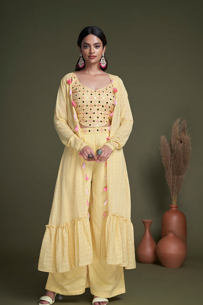 Yellow Pakistani Georgette Plazo with Koti For Indian Festivals & Weddings - Thread Embroidery Work, Mirror Work